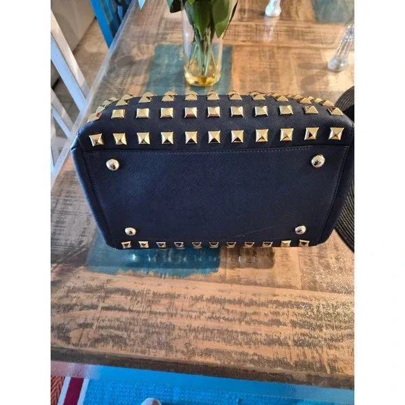 Michael Kors Grayson Navy Saffiano Leather Studded Satchel Bag and Wallet Set - Picture 8 of 10